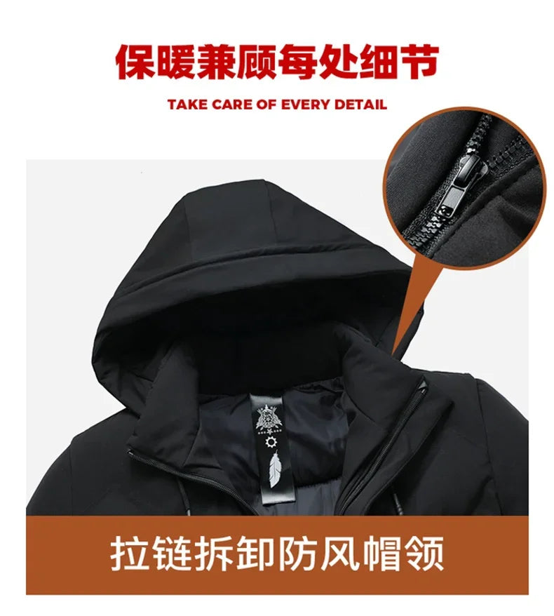 Fashion Men Long Parkas Coat Solid Slim Fit Warm Thicken Jacket Outwear Windproof Coat Hooded Cotton-padded Zipper Windbreaker