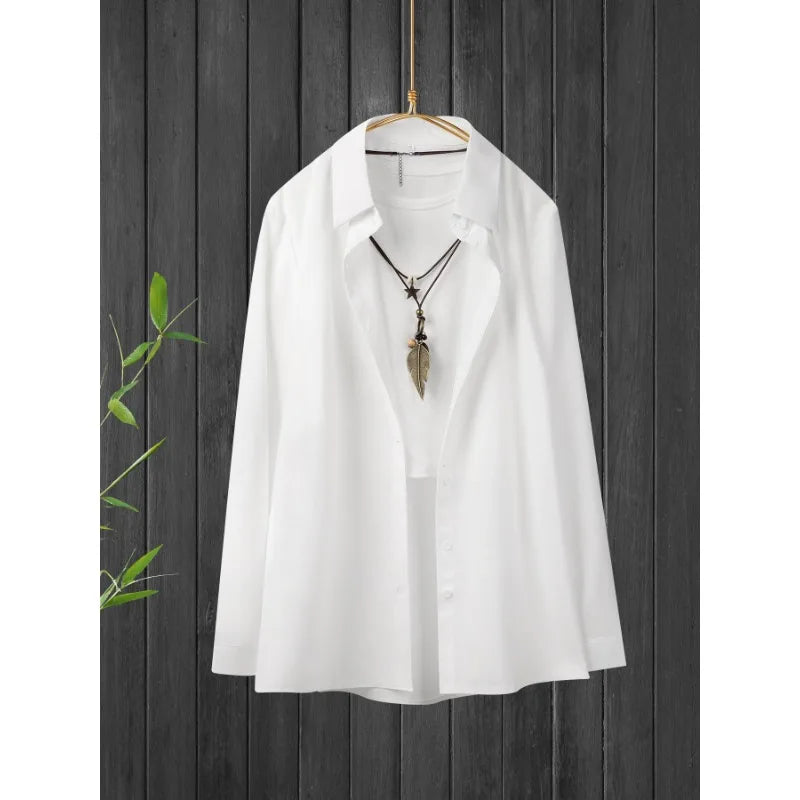 Women's Large Size Shirts White Top Lapel Spring and Summer Thin Travel Essential Single-breasted