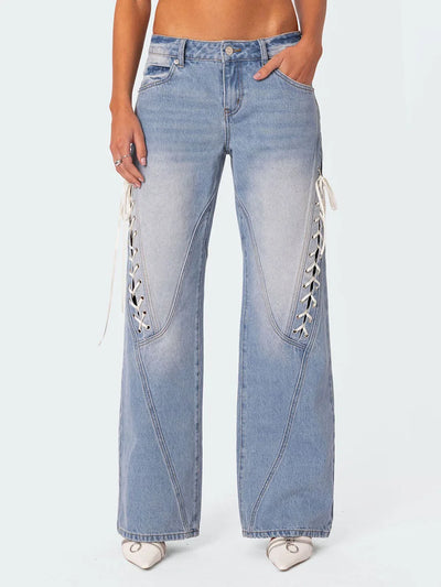 Women's Spring Summer Baggy Pants Mid Waist Loose Side Bandage Wide Leg Denim Pants