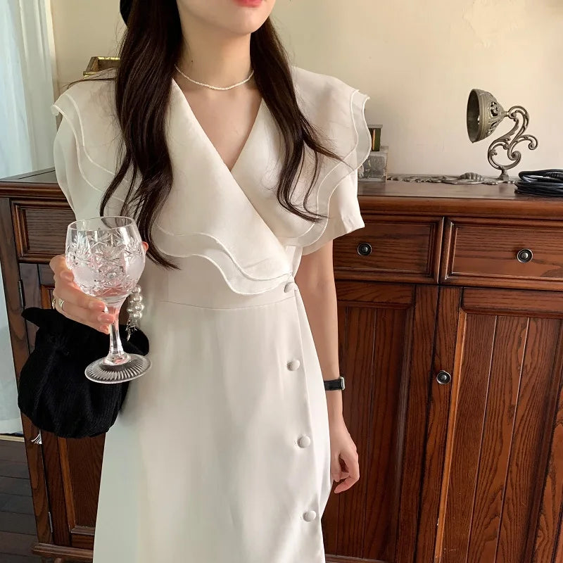 Women Summer Vintage Long Wrapped Dress 2024 New Female Double Layer Ruffled Collar Lacing Up Slim Waist Sundress