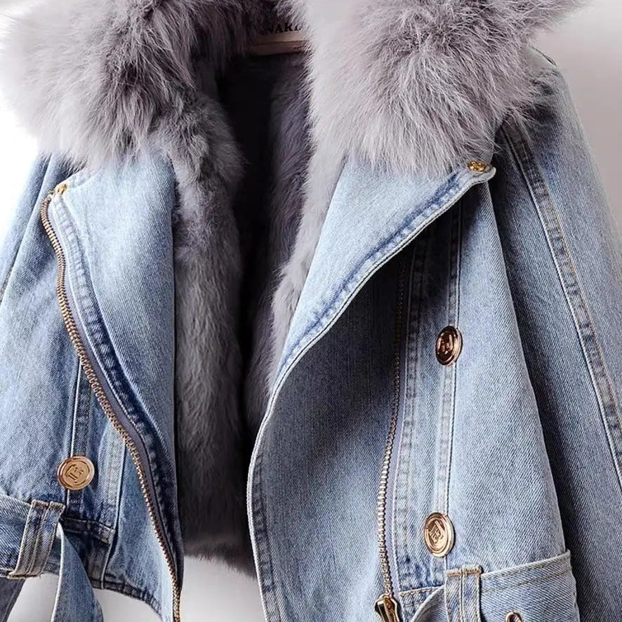 Short Thicken Denim Jacket For women 2025 Autumn Winter Detachable Imitation Fox fur Zipper Denim Coat Female Warm Parker Tops