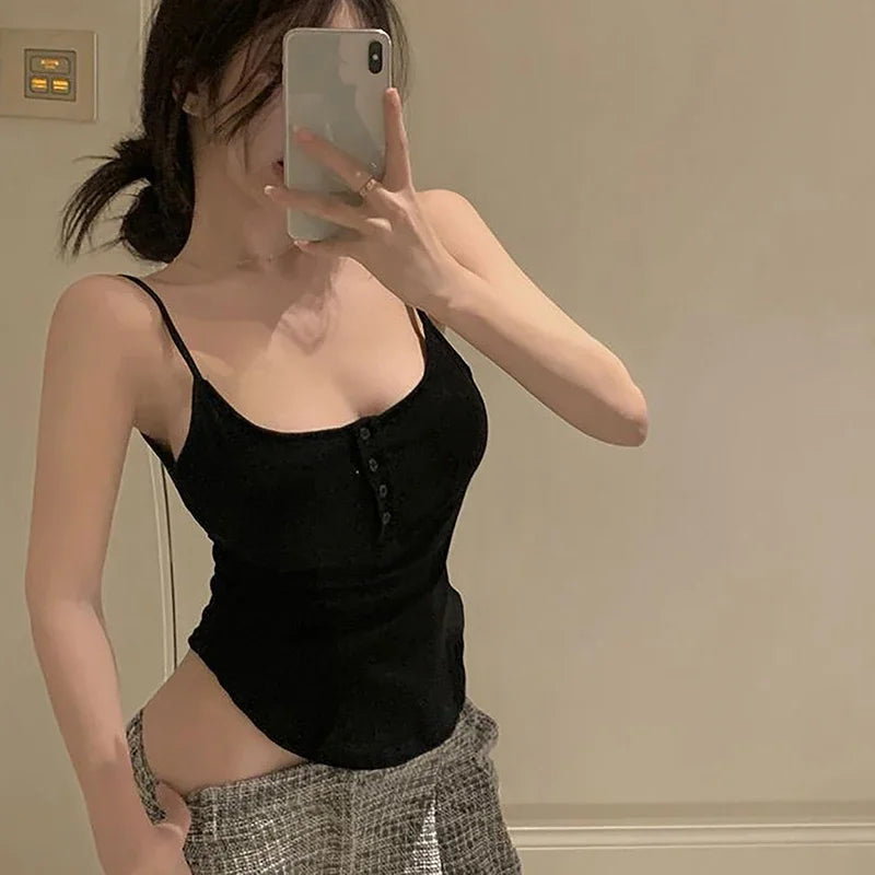 1PC Summer Solid Color Button Irregular Camisole Y2K Women Sleeveless Slim Tank Top Spring Casual Streetwear Female Sexy Vest