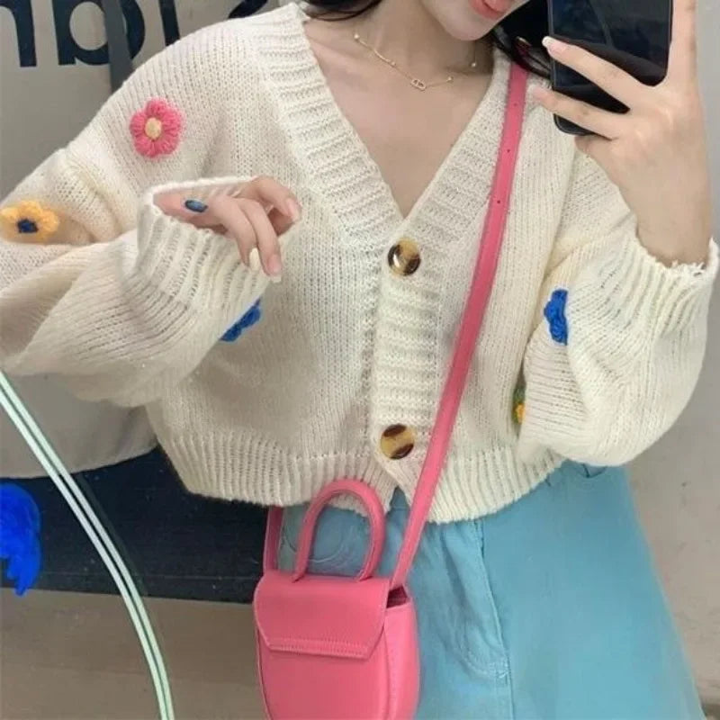 PTKPCC New Autumn Colourful Applique Flower Cardigan for Women Cute Long  V-neck Knit Crop Sweater Girl Soft Knitwear
