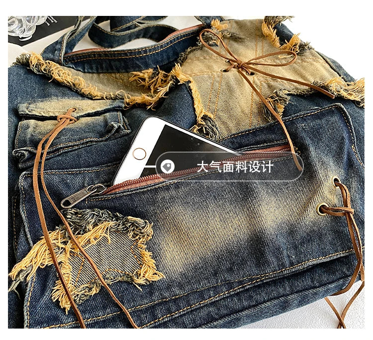 Denim Y2k Womens Shoulder Bag Vintage Washed Distressed Fashion female Messenger Bag Large Capacity ladies Handbag Sac totes