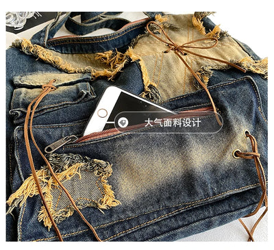 Denim Y2k Womens Shoulder Bag Vintage Washed Distressed Fashion female Messenger Bag Large Capacity ladies Handbag Sac totes