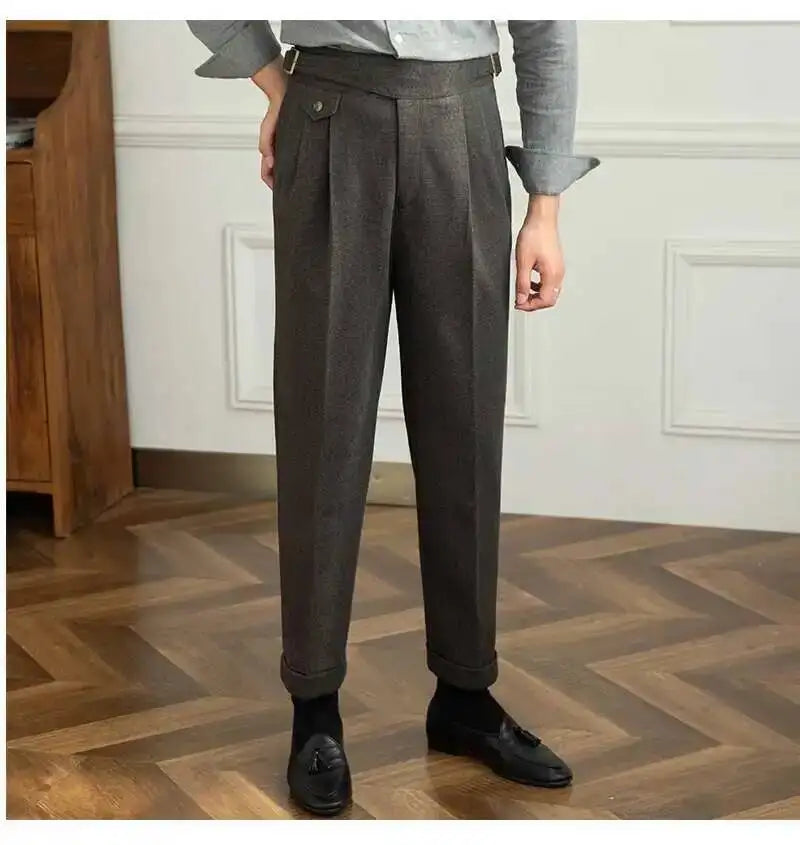 2023 Autumn Winter Men's Warm Retro Straight Trouser Male Casual British High Waist Pants Office-trousers Dress Pant Trousers