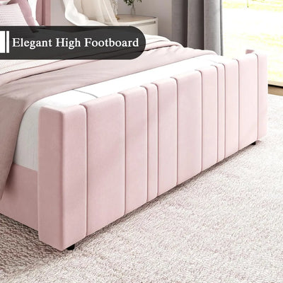 Queen Bed Frame Pink Upholstered Bed with Vertical Channel Tufted Headboard & 22" Footboard, Noise Free/Wooden Slats/Nois