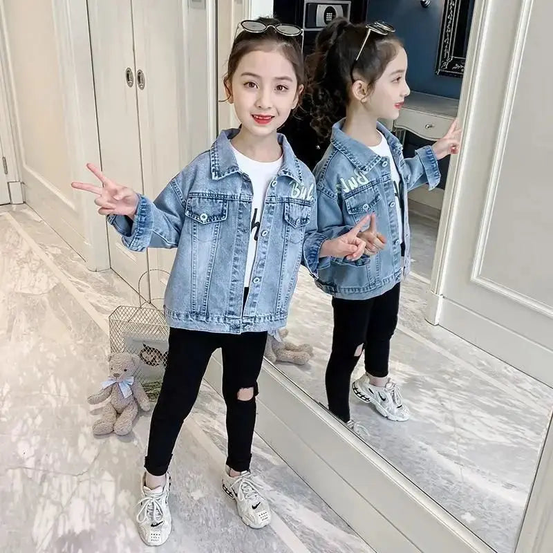 3 4 6 8 10 12 Years Teen Girls Denim Jacket Spring New Fashion Bear Sequin Cowboy Coats For Girls Children Outwear Birthday Gift