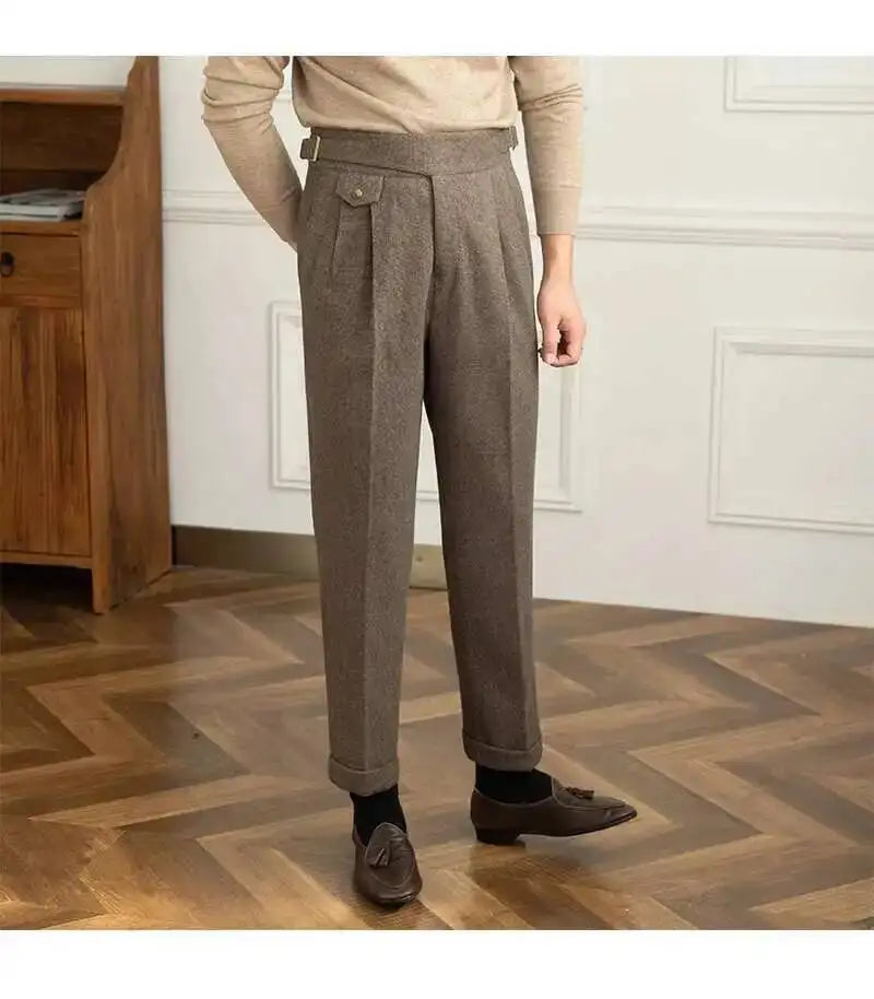 2023 Autumn Winter Men's Warm Retro Straight Trouser Male Casual British High Waist Pants Office-trousers Dress Pant Trousers