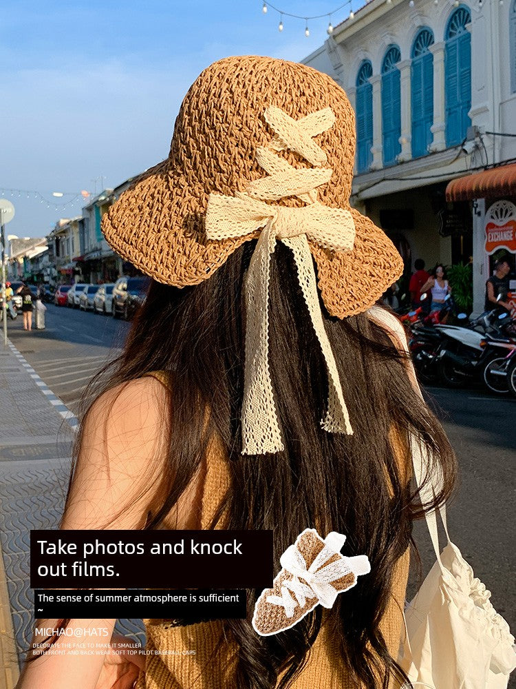 Straw Hat Female Summer New French Woven Bows Sun-Proof Bucket Hat Fresh Beach Trip Vacation Sun Hat