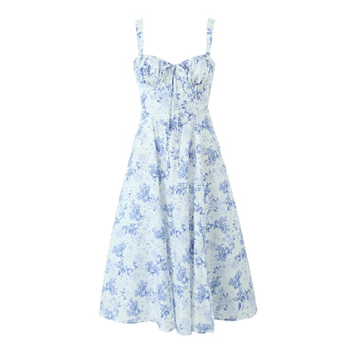 2023 Sexy Ruched Chest Blue White Flower Print Corset Style Sling Dress Cross Lacing up Bandage Back Hem Slit A-Lined Midi Robe