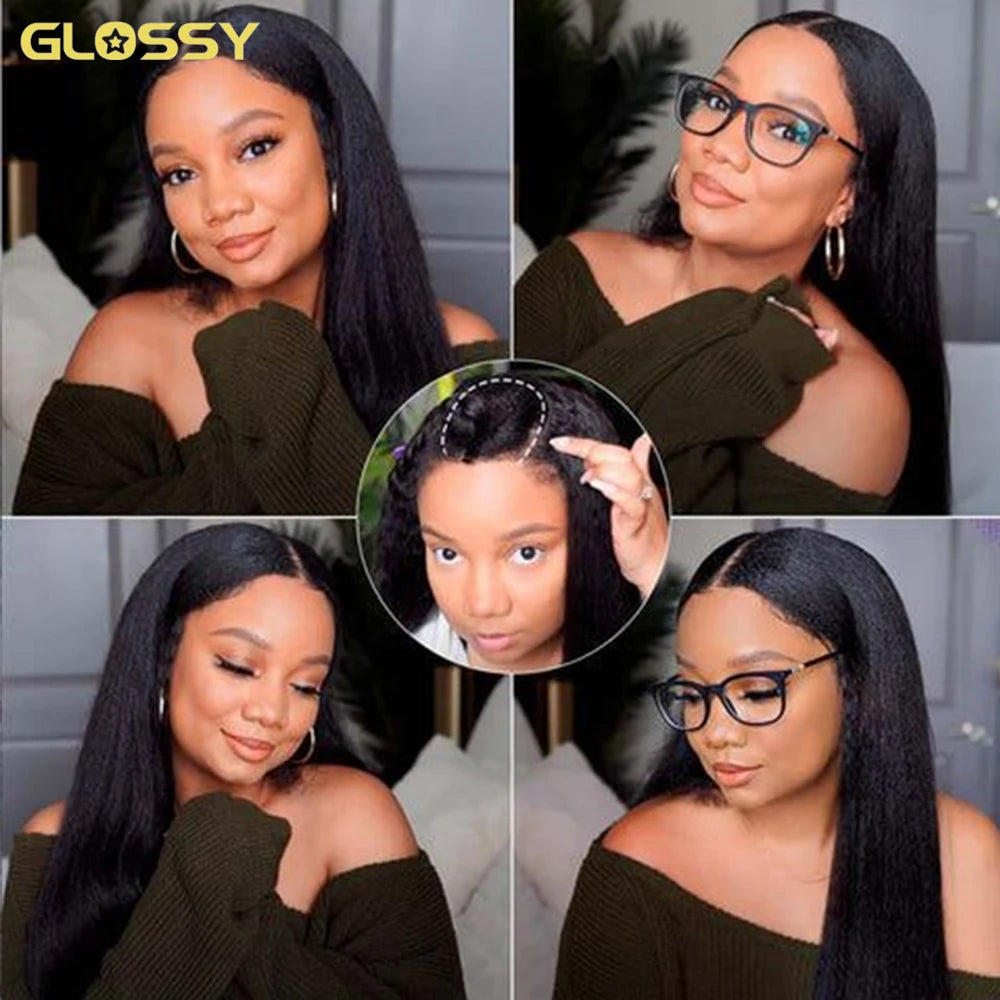 Kinky Straight 3 In 1 Half Wigs 100% Human Hair Brazilian Glueless Seamless Flip Over Yaki Straight V Part Wig Beginner Friendly