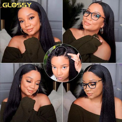 Kinky Straight 3 In 1 Half Wigs 100% Human Hair Brazilian Glueless Seamless Flip Over Yaki Straight V Part Wig Beginner Friendly