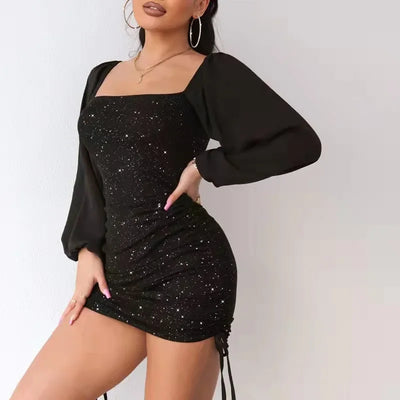 Women Summer Sexy Slim Fit Drawstring Square Collar Dress Long Sleeve High Waist Bodycon Mini Dress