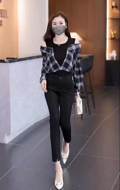 Fake Two Pieces Chiffon Silk Blouse for Women Off Shoulder Top Cool Blue Stripe Cotton Satin Shirt Woman Particular Trends Youth