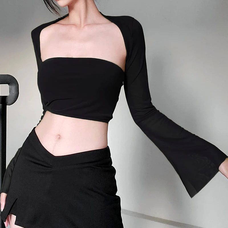 Xingqing 2 Piece Outfit Women Tube Top with Shrug Off Shoulder Sleeveless Vest and Flared Cardigan Shrug y2k Clothes Streetwear