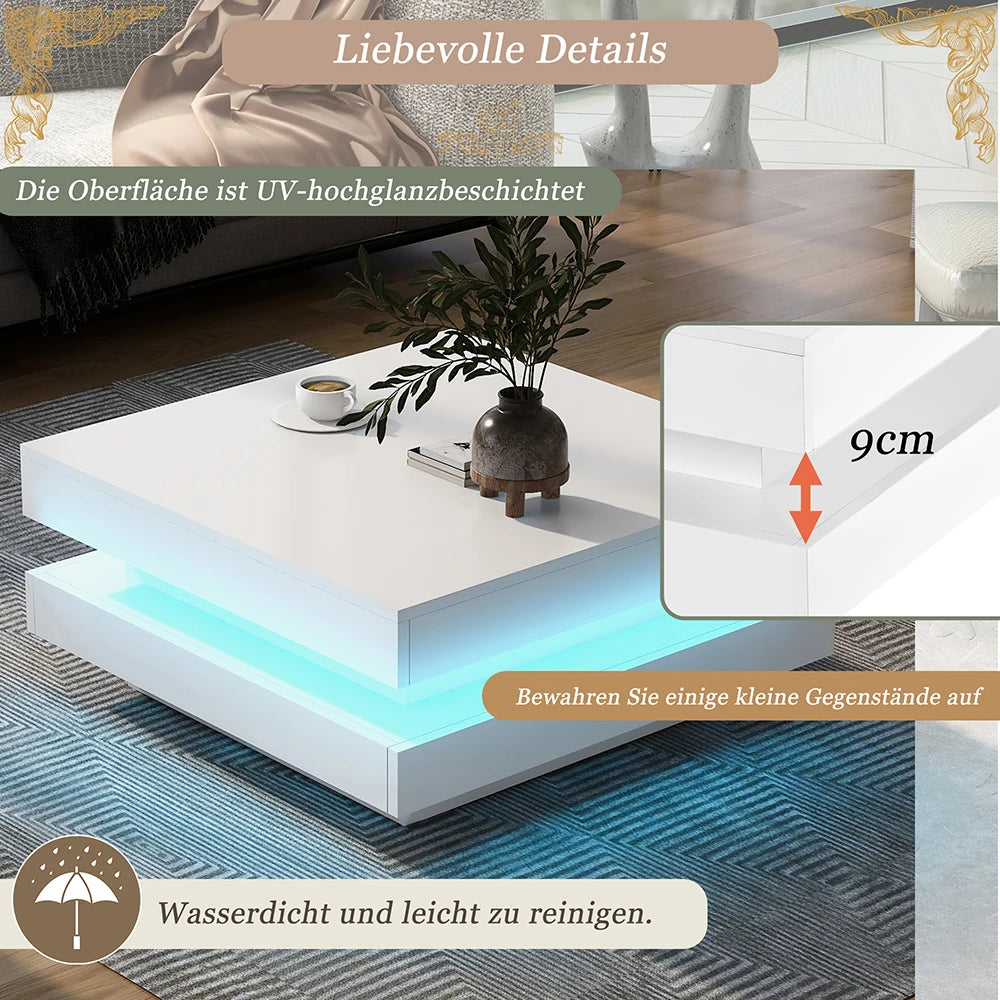 Square coffee table table in White Modern Technological Style With Bluetooth LED Strip
