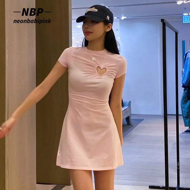 Love Hollow Out Short Sleeve Mini Dress Pink White Black Casual Dresses Womens Summer Clothes N85-BD16
