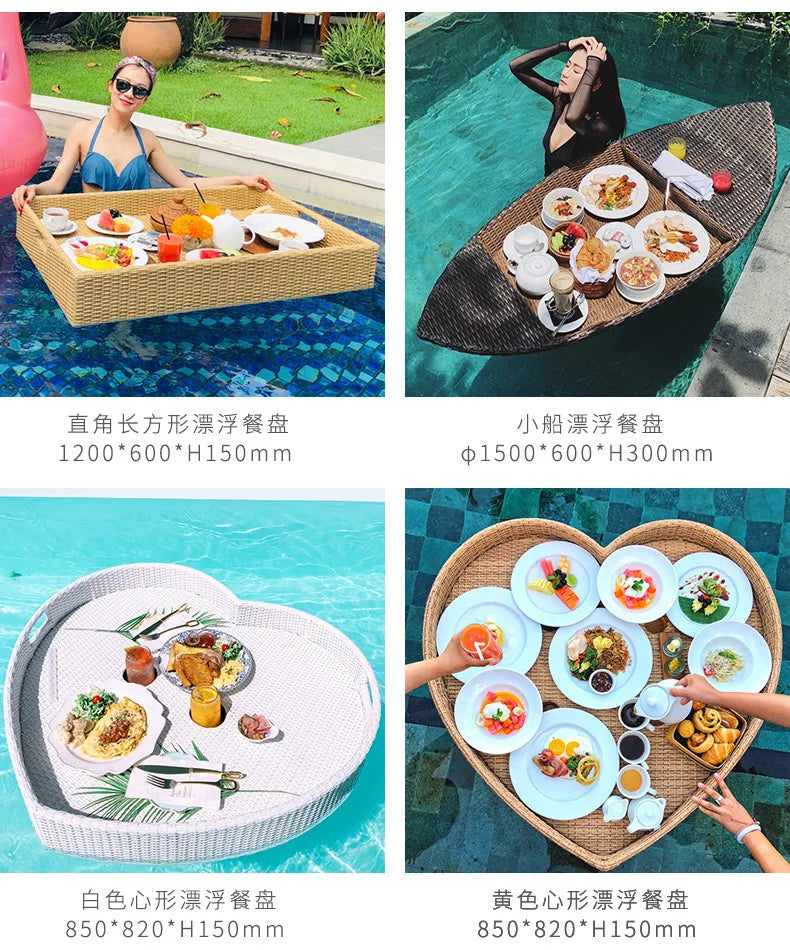 Net red floating tray round rattan woven heart-shaped basket Homestay Hotel Villa swimming pool dinner plate
