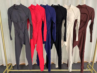 2025 Women's One-piece Yoga Jumpsuit leggings Zipper Nylon Long-sleeved Sexy Backless Slim Fit Sports Outfit with chest pad