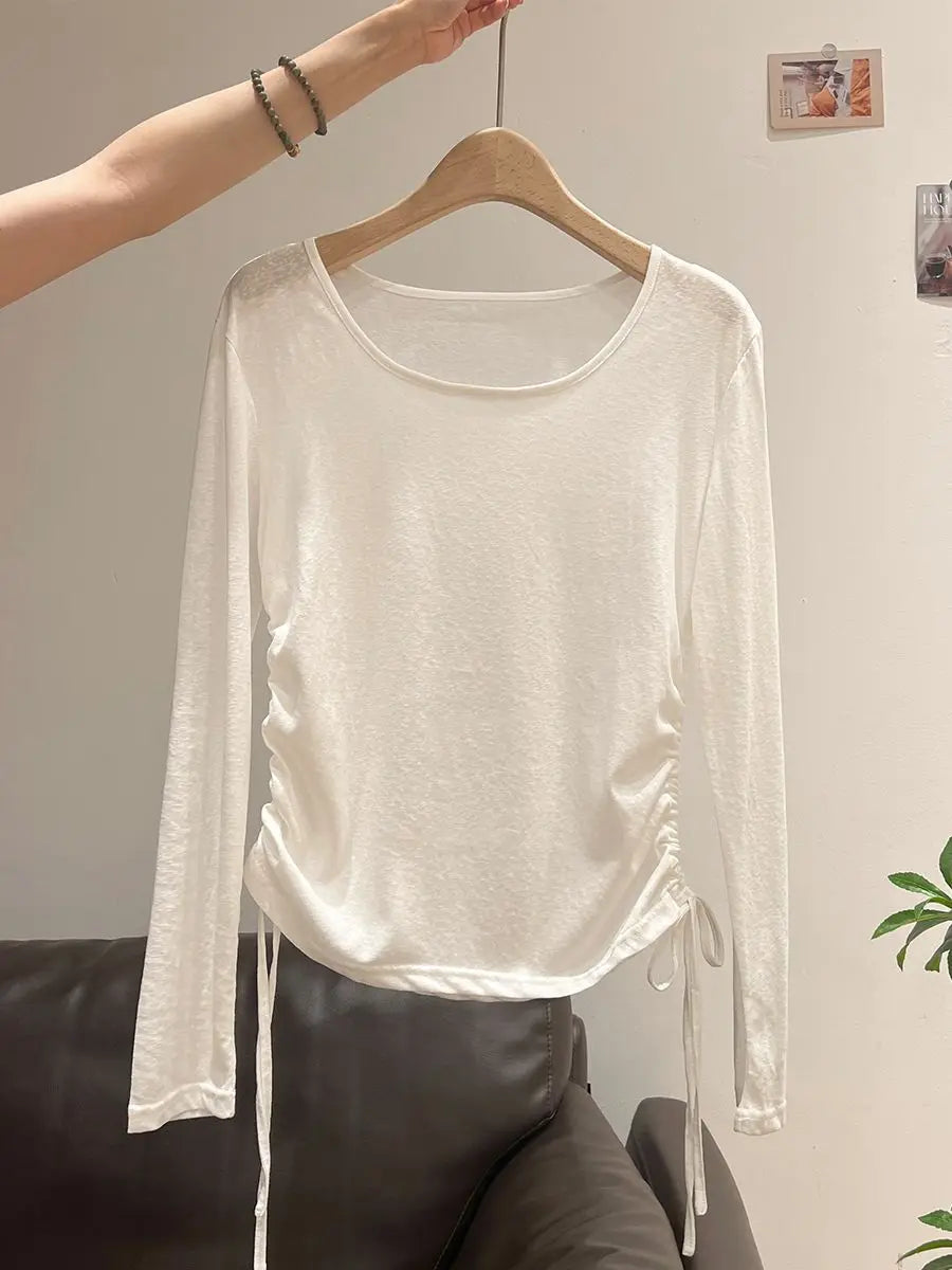 2025 New Summer Women's Light Blue Cooling Sun Protection Top Shirring Detail Loose Sheer Thin Blouse Y2k Korean Fashion Clothes