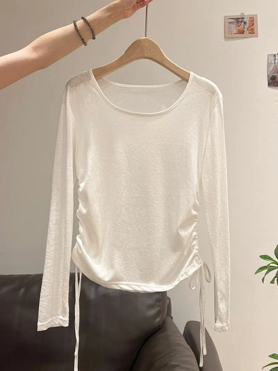 2025 New Summer Women's Light Blue Cooling Sun Protection Top Shirring Detail Loose Sheer Thin Blouse Y2k Korean Fashion Clothes