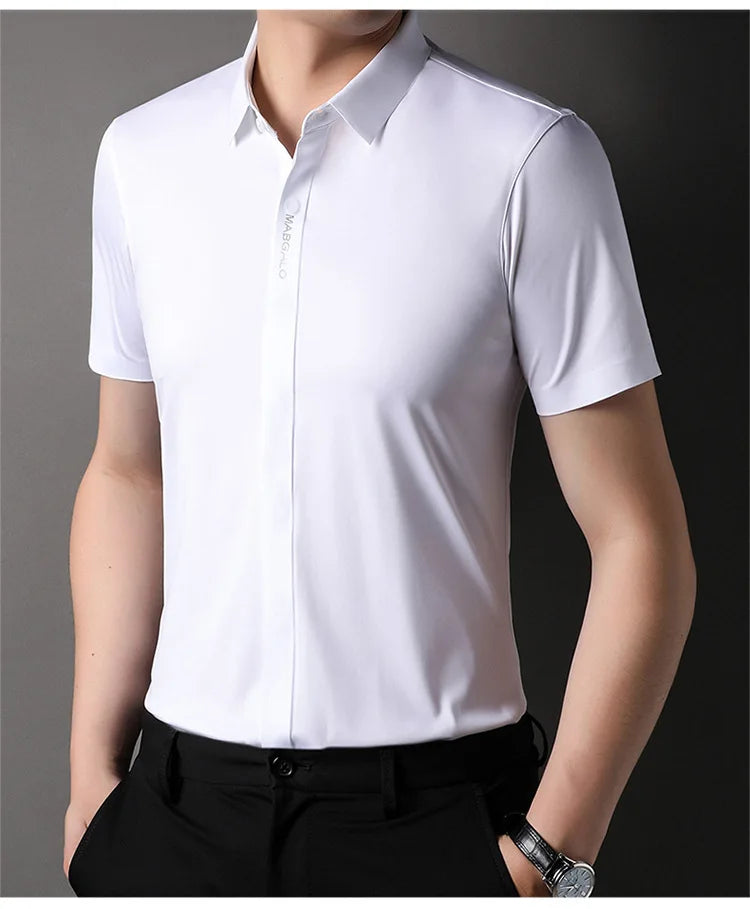 Summer New High-grade Hidden Button Men's Light Luxury Short Sleeve Shirts Men High Elastic Business Anti-wrinkle Ice Silk Shirt
