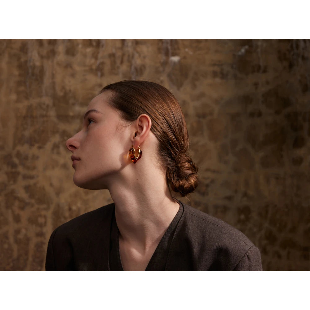 Yhpup Fashion Amber Resin Geometry Hoop Earrings Trendy Stainless Steel 18K PVD Plated Jewelry Accessories Gift