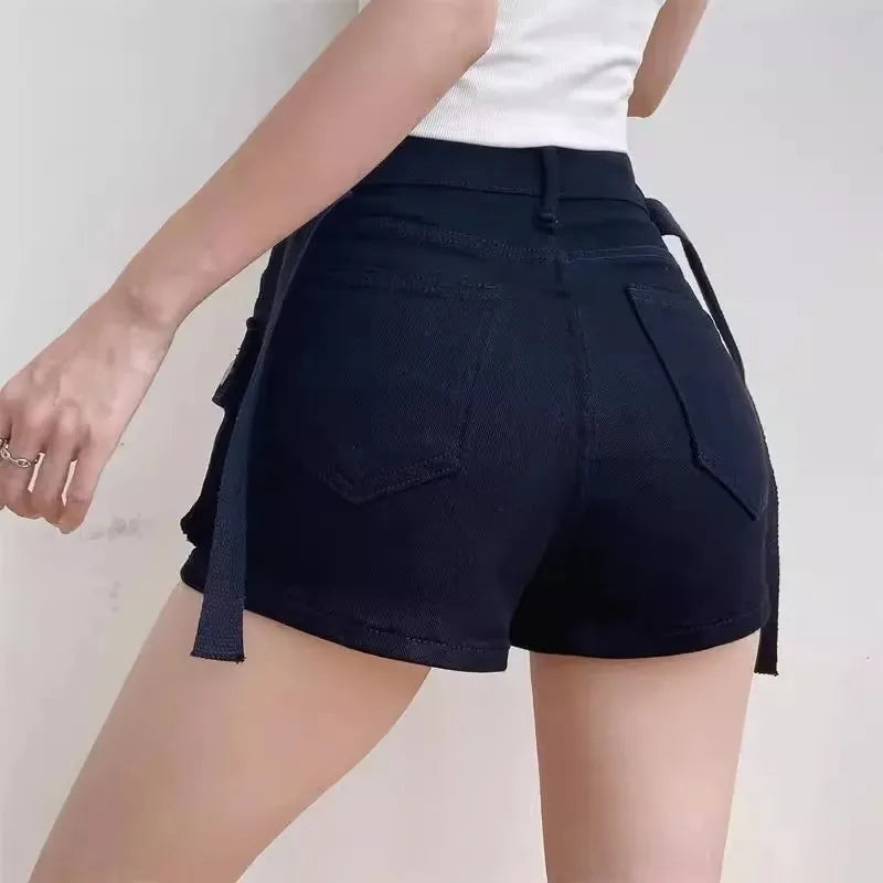 Women's Summer High Waisted Stretchy Denim Shorts Korean Cargo Style Slim Fit Ultra Short Hot Pants with Large Pockets for Dance