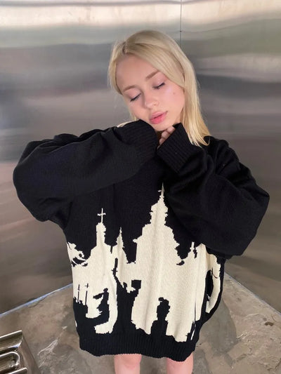 Hip Hop Men Women Streetwear Vintage Harajuku Knitted Sweater winter Pullover Loose Retro y2k gothic sweater top Halloween EMO