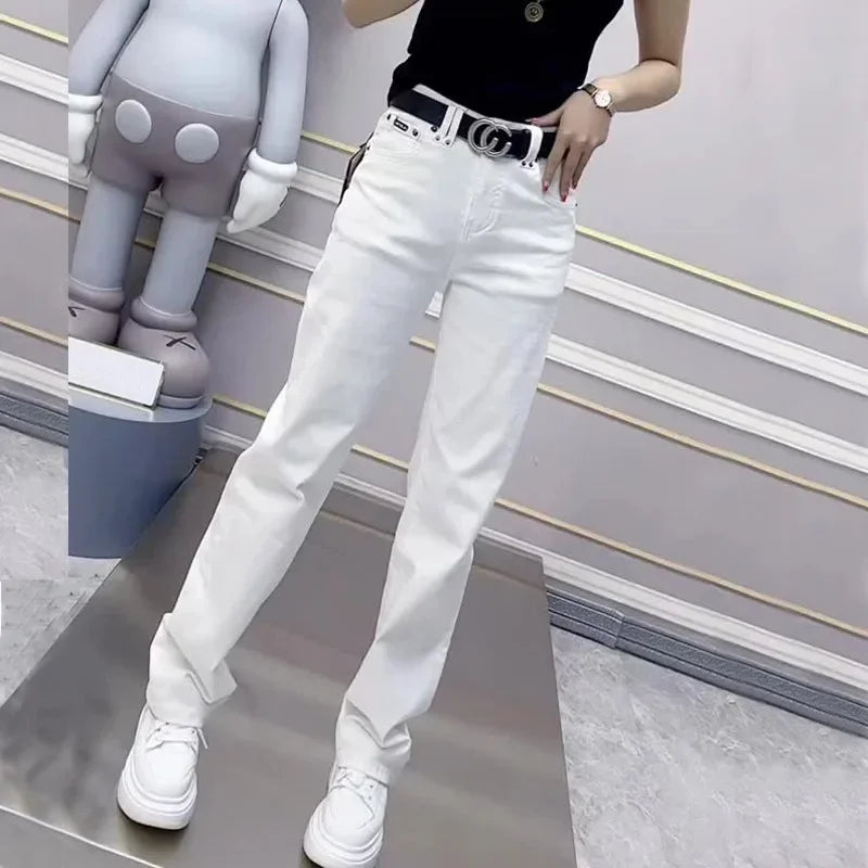 2024 Spring Plus Size High-Waisted Straight-Leg Jeans Women's Big Girl White Slimming Wide-Leg Dragging Pants