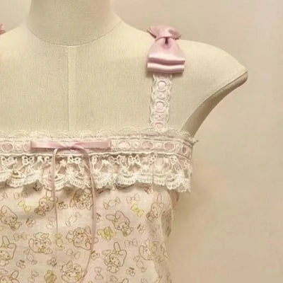 French Vintage Hottie Halter Vest Subculture Lace Stitching Tanks Top Kawaii Bow Design Tops Women's Cute Cartoon Print Camisole