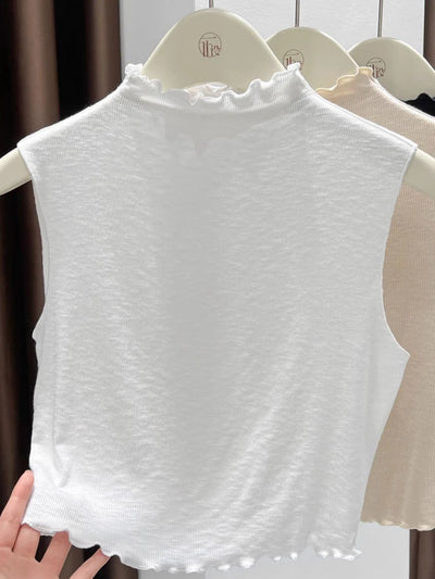 2025 Ruffled Knitted Top Women Y2K Tank Top Half Neck Vest Female Sleeveless Sweater Chic Soft Streetwear Solid Skinny Tube Top