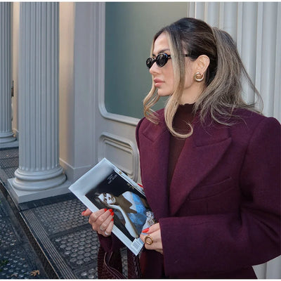 Woolen Burgundy Long Blazer Coat Women Single Breasted Notched Loose Long Sleeve Shoulder Pads Thicken Suit Jacket Female Office