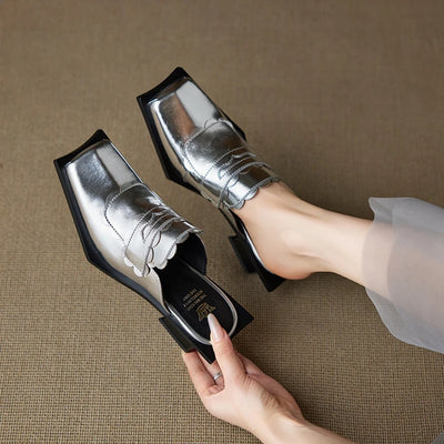 NEW Summer Women Mules Genuine Leather Shoes for Women Square Toe Chunky Heel Shoes Cover Toe Slingback Sandals Modern Slippers