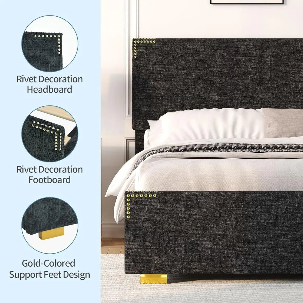 Bed Frames, Denim Texture Upholstered Bed Frame Full with Rivet Decorate Headboard and Headboard, Gold-Colored