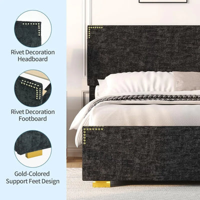 Bed Frames, Denim Texture Upholstered Bed Frame Full with Rivet Decorate Headboard and Headboard, Gold-Colored