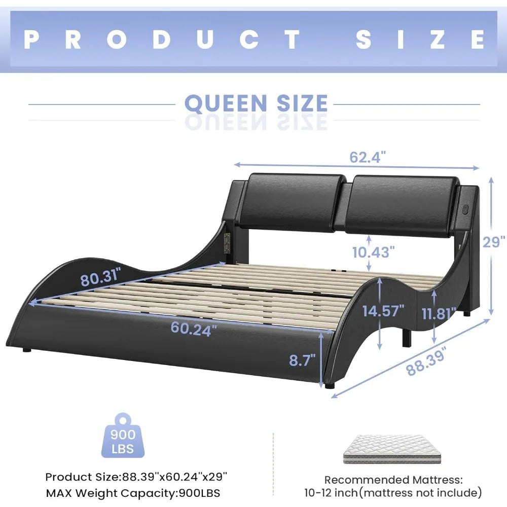 Bed Frame with Led Lights and Charging Ports Modern Faux Leather Upholstered Queen Size Platform Bed with Headboard Wave