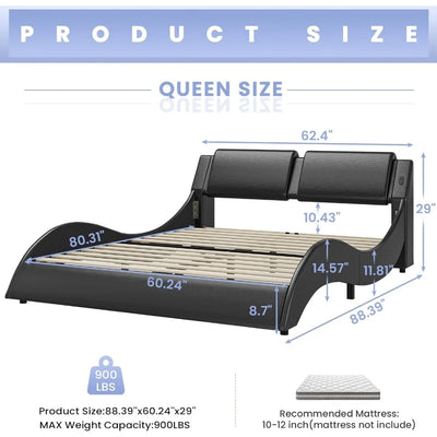 Bed Frame with Led Lights and Charging Ports Modern Faux Leather Upholstered Queen Size Platform Bed with Headboard Wave