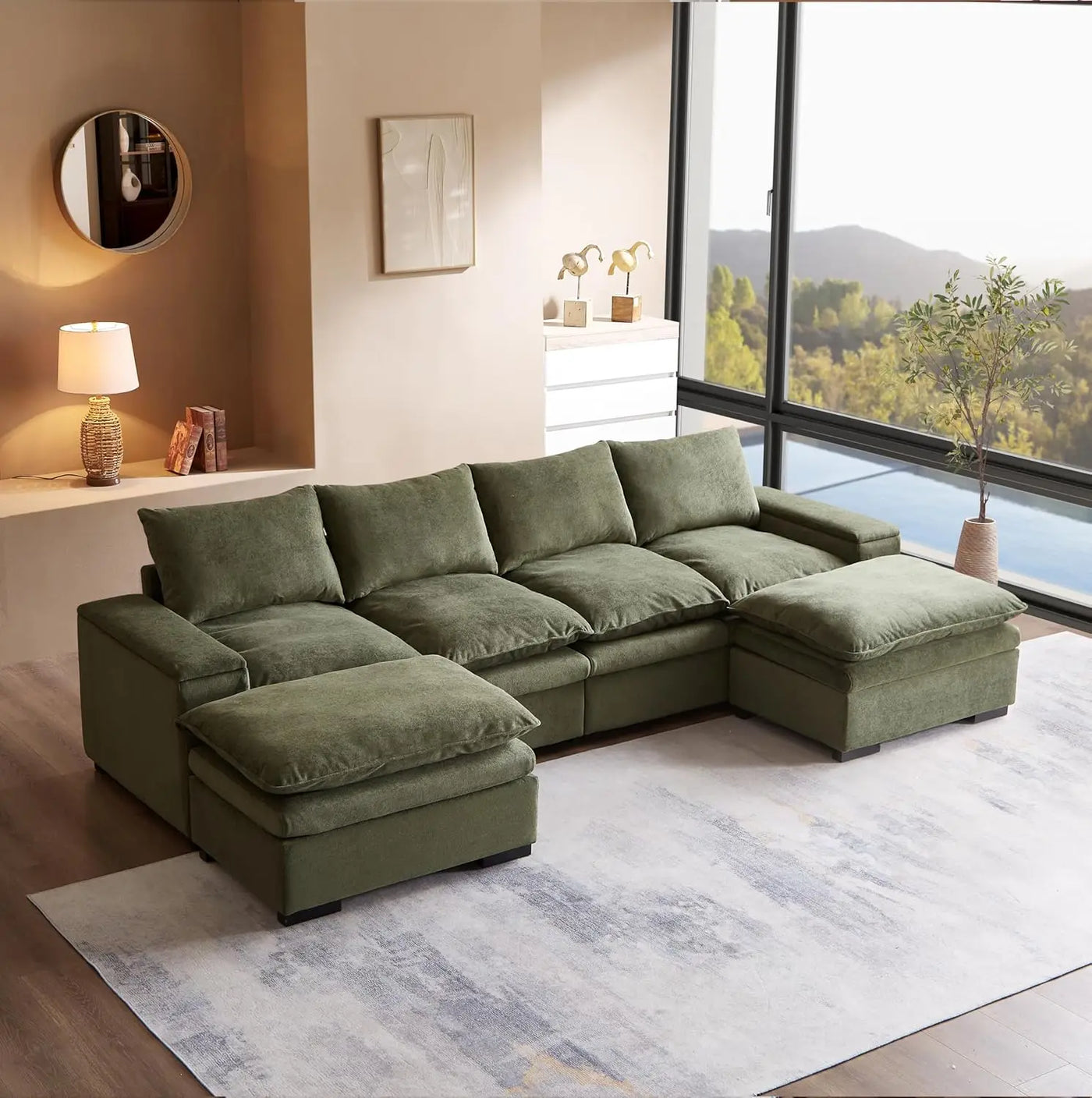 122″ Oversized Modular Sectional Sofa with Movable Ottoman, 6-Seat Deep Seat Sofa with Armrest Storage, Convertible U Shaped