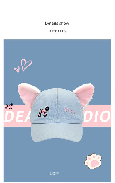 Y2g Sweet Cute Light Blue Cat Stuffed Ears Embroider Baseball Cap Female Easiest for Match Face-Looking Small Peaked Cap