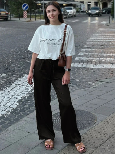 JULISSA MO Satin High Waist Lace Up Women Trousers Pink Casual Basic Elastic Waist Drawstring Pant Lady Loose Elegant Streetwear