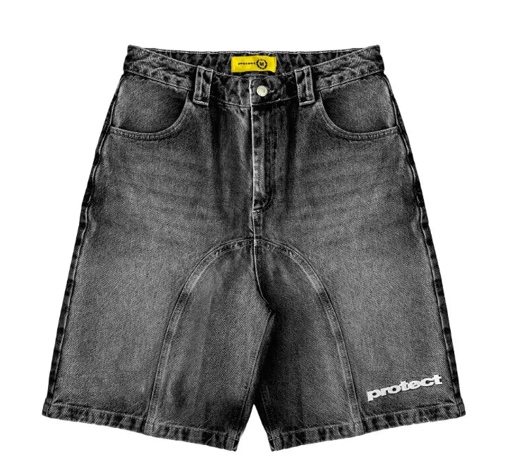 American New Letter Pattern Embroidered Denim Shorts Y2K Men's Street Retro Washed Old Trend Gothic Denim Sweatpants Street Wear