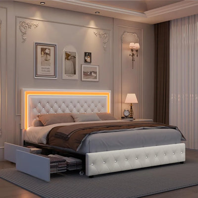 Queen LED Bed Frame, Upholstered Bed with 4 Drawers, Adjustable Upholstered Headboard Diamond Bed Frame, No Box Spring Needed
