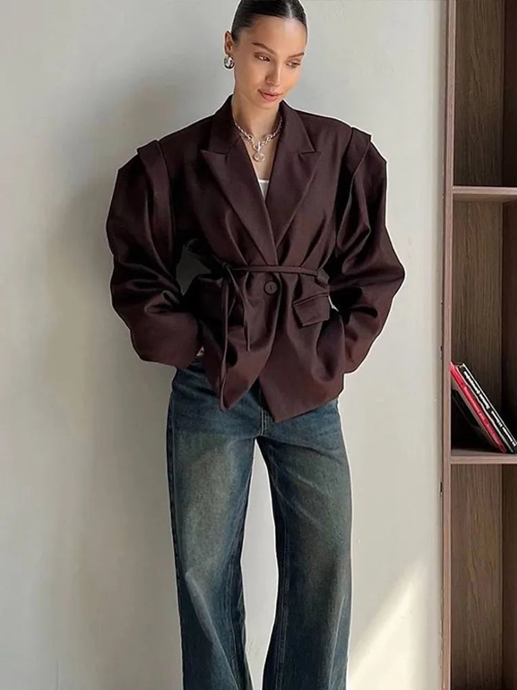 Retro Brown Belted Blazer Coats Women's Fashion Lapel One Button Oversized Jackets 2025 Autumn Office Commute Street Outerwears