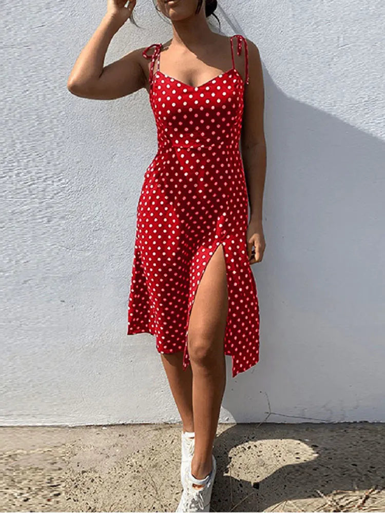 Dresses 2024 Sundress Summer Women Causal Polka Dot Sleeveless High Pleated elastic waist V-Neck Beach Dress Vestidos De Verano