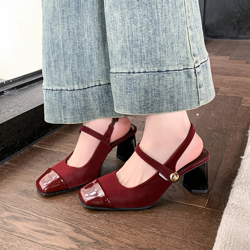 Square Heels Mary Janes Square Toe Med Heels Flats Spring/Autumn Solid Color Women's Shoes Buckle Strap Fashion Ladies Sandals