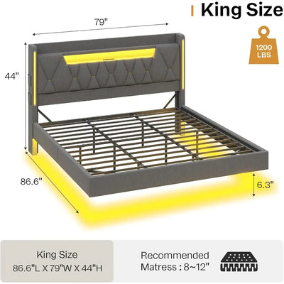 Floating Bed Frame,King Bed Frame with Hidden Storage, King Platform Bed Frame with Headboard,4 Pockets,LED Lights and Charging