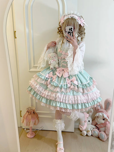 Original Lolita Dress Set Doll Feeling Girl Women's Sweet Jsk Suspender Dress Princess Fairy Lace Bow Sling Cake Dresses