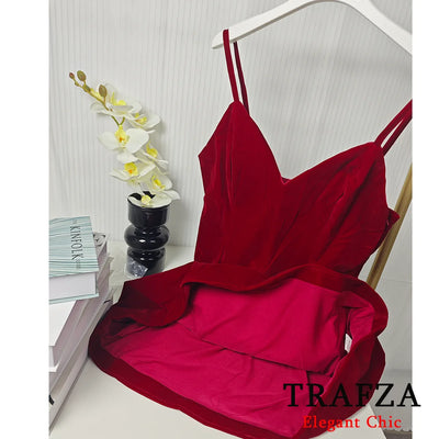 TRAFZA-Women Sexy Velvet Mini Dress Thin Strap Backless Burgundy Dress New 2025 Fashion Date Romantic Party Dress
